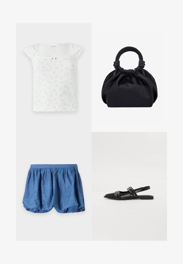 Weißes, blumig gemustertes Oberteil mit kurzen, schmalen Ärmeln, geripptem Material, quadratischem Ausschnitt und einem kleinen Knopfakzent in der Mitte vorne.; Blaue, leichte Shorts mit einem gerafften, elastischen Bund und einem luftigen, strukturierten Design. Sie verfügen über eine weiche Stoffoberfläche und einen lockeren Schnitt.; Even&Odd by Zalando Sling-Ballerina - black; Schwarze weiche Stoffhandtasche mit gerafftem oberen Rand und runden, gepolsterten Griffen, die auf jeder Seite mit Knoten gebunden sind.