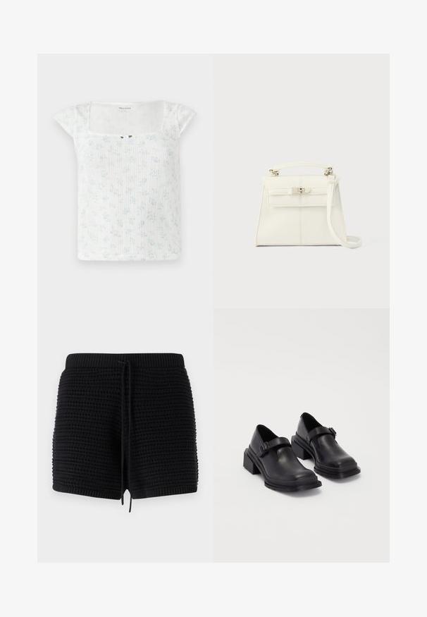 Top blanco con estampado floral, con mangas cortas tipo capa, textura acanalada, escote cuadrado y un pequeño botón de adorno en el centro delantera.; Pantalones cortos de punto negros que presentan un patrón texturizado, cinturilla elástica con cordón y acentos acanalados en el dobladillo y la cintura.; Zapatos de cuero negros con punta redondeada, suela plana y una correa con detalle de hebilla. Tacón cuadrado grueso para mayor estabilidad.; Bolso de mano de piel blanca con forma estructurada, asa superior, correa de hombro desmontable y cierre con broche plateado. Textura suave, diseño minimalista.