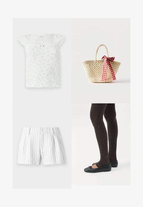 Witte top met bloemenpatroon, korte cap mouwen, geribbelde textuur, vierkante halslijn en een kleine knoopaccent in het midden voor.; Witte katoenen shorts met lichtgrijze verticale strepen, voorzien van een knoopsluiting, plooien en zijzakken. Eenvoudig en casual ontwerp.; Benen met donkere geribbelde leggings gecombineerd met zwarte ballerina's met kleine strikdetails op een witte achtergrond.; Gevlochten strooien tas met gevlochten handvatten en een rood-wit geruit lint dat aan één zijde in een strik is gebonden.