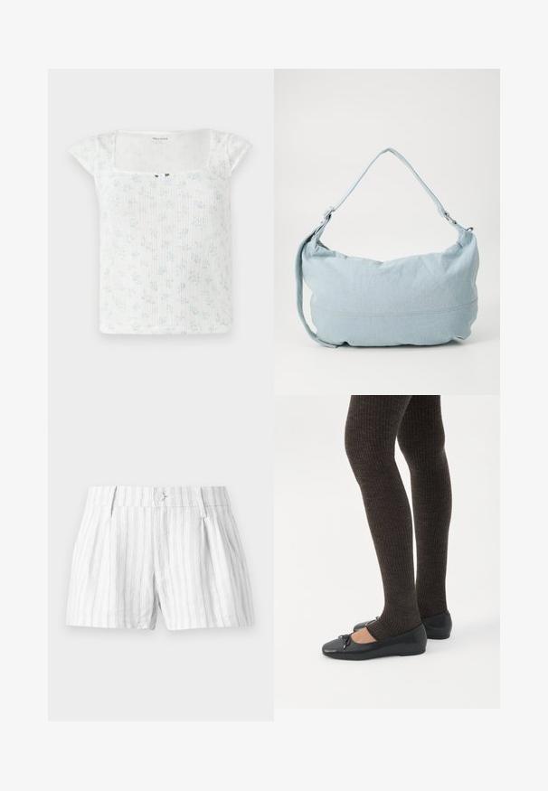 Witte top met bloemenpatroon, korte cap mouwen, geribbelde textuur, vierkante halslijn en een kleine knoopaccent in het midden voor.; Witte katoenen shorts met lichtgrijze verticale strepen, voorzien van een knoopsluiting, plooien en zijzakken. Eenvoudig en casual ontwerp.; Benen met donkere geribbelde leggings gecombineerd met zwarte ballerina's met kleine strikdetails op een witte achtergrond.; Lichtblauwe denim schoudertas met een ronde vorm, verstelbare schouderband en subtiele stiksels langs de onderrand. Zachte textuur.