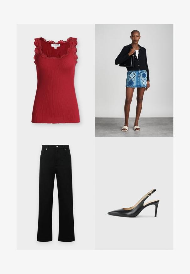 Top rouge côtelé sans manches avec bordure en dentelle autour de l'encolure et des emmanchures, taille petite, étiquette indiquant la marque Rosemunde Copenhagen.; Jean en denim noir avec une taille haute, coupe droite, deux poches avant, fermeture à bouton et un design minimaliste.; Escarpins en cuir noir avec une pointe fine, une bride ajustable et un talon aiguille élégant, présentant une finition lisse.; Un cardigan en maille noir, un haut blanc, une jupe en denim avec un motif de diamants bleus et noirs, un sac à main noir et des sandales à enfiler beiges.