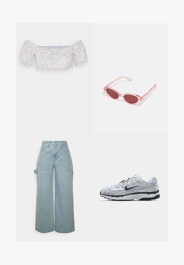Even&Odd by Zalando T-shirts med print - blue; The Ragged Priest LOW RISE - CARPENTER RELEASE - Jeans relaxed fit - light blue; Nike P-6000 sneakers med en lys grå mesh-overdel, sorte detaljer og en slitesterk svart gummisåle. Har et intrikat design og snøresystem.; Rosa transparente solbriller med ovale linser, mørkerød farge, og slanke armer, med en glatt finish og subtile detaljer på rammen.