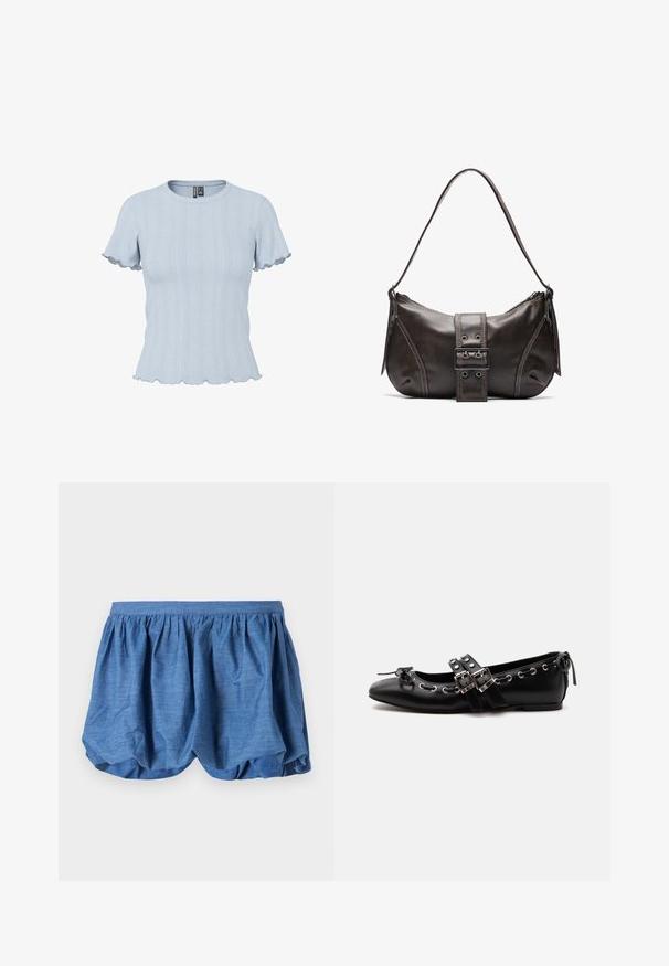 Lyseblå strikbluse med korte ærmer, ribstrikkede og blonde-lignende mønstre, rund halsudskæring og flæsekant på ærmer og bund.; Blå, letvægts shorts med en samlet elastisk talje og et blødt, tekstureret design. Har en blød stoffinish med en afslappet pasform.; Sort flad balletsko med dobbelt spænde, sølvøjer og en lille sløjfe nær den runde tå på en hvid baggrund.; Brun læder skuldertaske med en buet form, der har et fremtrædende spænde, kontrasterende syninger og en enkelt skulderrem.