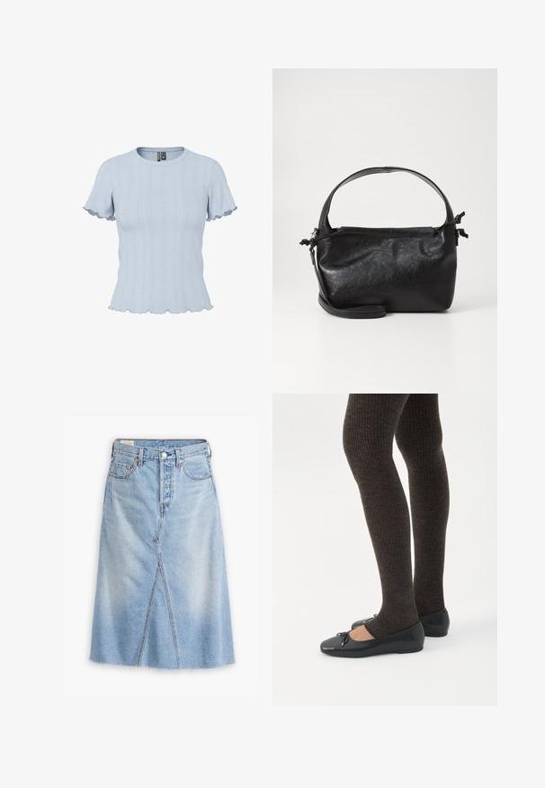 Lyseblå strikbluse med korte ærmer, ribstrikkede og blonde-lignende mønstre, rund halsudskæring og flæsekant på ærmer og bund.; Lysblå denimnederdel med lige snit, frontspalte, filt kant, fem lommer og metalhardwaredetaljer.; Ben iført mørke ribbede leggings kombineret med sorte balletsko med små sløjfedetaljer på hvid baggrund.; Sort læderhåndtaske med et struktureret design, rund tophåndtag og aftagelig skulderrem. Den har en glat tekstur og en subtil glans.