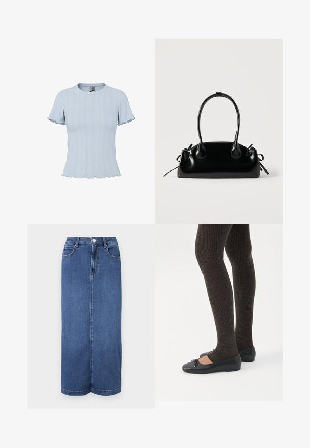 Lyseblå strikbluse med korte ærmer, ribstrikkede og blonde-lignende mønstre, rund halsudskæring og flæsekant på ærmer og bund.; Mørkeblå denim maxiskørt med lige snit, talje med knaplukning og minimale syninger.; Ben iført mørke ribbede leggings kombineret med sorte balletsko med små sløjfedetaljer på hvid baggrund.; Lille sort blank håndtaske med to lange håndtag og snøre-detaljer i siden på en ensfarvet lys baggrund.
