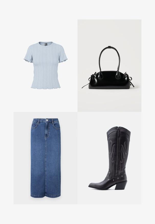 Lyseblå strikbluse med korte ærmer, ribstrikkede og blonde-lignende mønstre, rund halsudskæring og flæsekant på ærmer og bund.; Mørkeblå denim maxiskørt med lige snit, talje med knaplukning og minimale syninger.; Sorte cowboystøvler i læder med spids tå, synlige sømme, sølvfarvede nitte-detaljer og lynlås på den indvendige side.; Lille sort blank håndtaske med to lange håndtag og snøre-detaljer i siden på en ensfarvet lys baggrund.