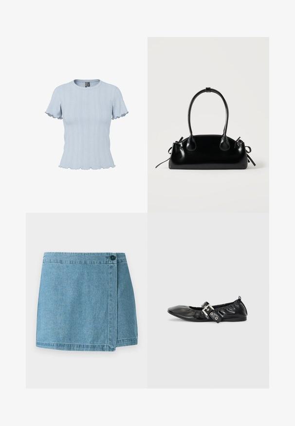 Lyseblå strikbluse med korte ærmer, ribstrikkede og blonde-lignende mønstre, rund halsudskæring og flæsekant på ærmer og bund.; Denim nederdel i lyseblå, med et omslag-design, en enkelt knaplukning og en syet kant. Glat tekstur uden mønstre.; Sorte læder flade sko med spids tå, samling detaljer omkring åbningen, og en sølv spænde accent på den justerbare rem.; Lille sort blank håndtaske med to lange håndtag og snøre-detaljer i siden på en ensfarvet lys baggrund.