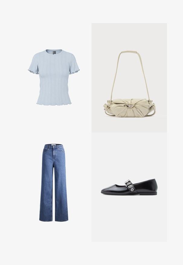 Lyseblå strikbluse med korte ærmer, ribstrikkede og blonde-lignende mønstre, rund halsudskæring og flæsekant på ærmer og bund.; Lyseblå denim brede bukser med høj talje, to frontlommer og synlige stikninger. Har en knap- og lynlåslukning.; Sort laklæder flad sko med firkantet tå, sidespænde detalje og en lav, rund hæl. Glat tekstur og minimalistisk design.; Beige skuldertaske i læder med samlet design og sølv spænde, der har en lang rem og polstret håndtag.