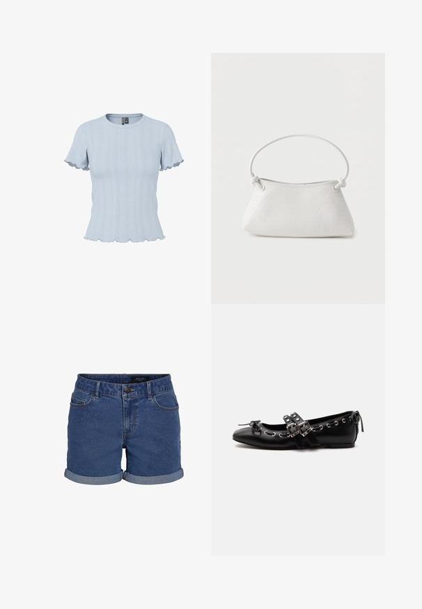 Hellblaues Kurzarm-Strickoberteil mit Rippen- und spitzenähnlichen Mustern, rundem Ausschnitt und gerafften Kanten an Ärmeln und Saum.; Dunkelblaue Denim-Shorts in klassischem Schnitt. Mit umgeschlagenen Säumen, zwei vorderen Taschen und einem Knopfverschluss. Glatte Textur.; Schwarzer flacher Ballettschuh mit doppelten Schnallenriemen, silbernen Ösen und einer kleinen Schleife nahe der abgerundeten Spitze auf weißem Hintergrund.; Weiße gewebte Lederhandtasche mit abgerundetem Griff und verknoteten Riemenenden, vor schlichtem Hintergrund präsentiert.