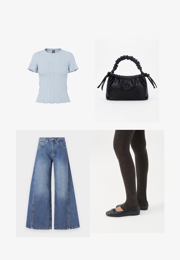 Lichtblauw gebreid topje met korte mouwen, geribde en kantachtige patronen, ronde hals en geplooide randen aan mouwen en zoom.; Lichte blauwe denim jeans met brede pijpen. Gemaakt van gestructureerd katoen, met een hoge taille, zijzakken en opvallende zijnaad.; Benen met donkere geribbelde leggings gecombineerd met zwarte ballerina's met kleine strikdetails op een witte achtergrond.; Zwarte handtas met krokodillenstructuur, geplooide bovenrand, samengevoerde handgreep en koordtassels aan elke kant tegen een witte achtergrond.