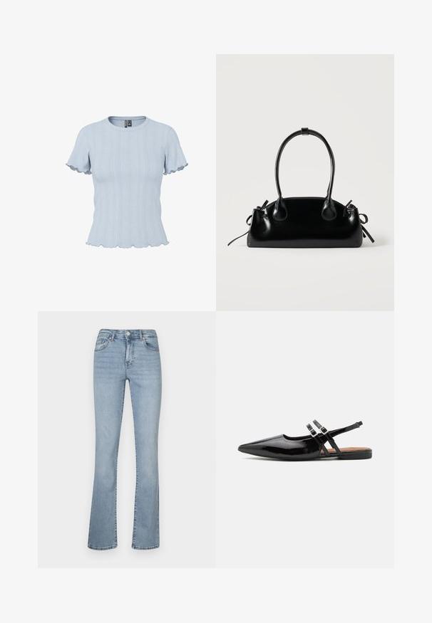 Haut en maille bleu clair à manches courtes avec motifs côtelés et effet dentelle, encolure ronde et bords volantés aux manches et à l'ourlet.; Jeans en denim bleu clair évasés avec une taille haute, dotés d'une fermeture éclair et de boutons, de cinq poches et d'un léger décoloration le long des jambes.; Des chaussures slingbacks en cuir verni noir présentent un bout pointu, deux sangles avec des accents de boucle, et une semelle plate.; Petit sac à main noir brillant avec deux longues anses et des détails à cordon sur les côtés sur un fond clair uni.