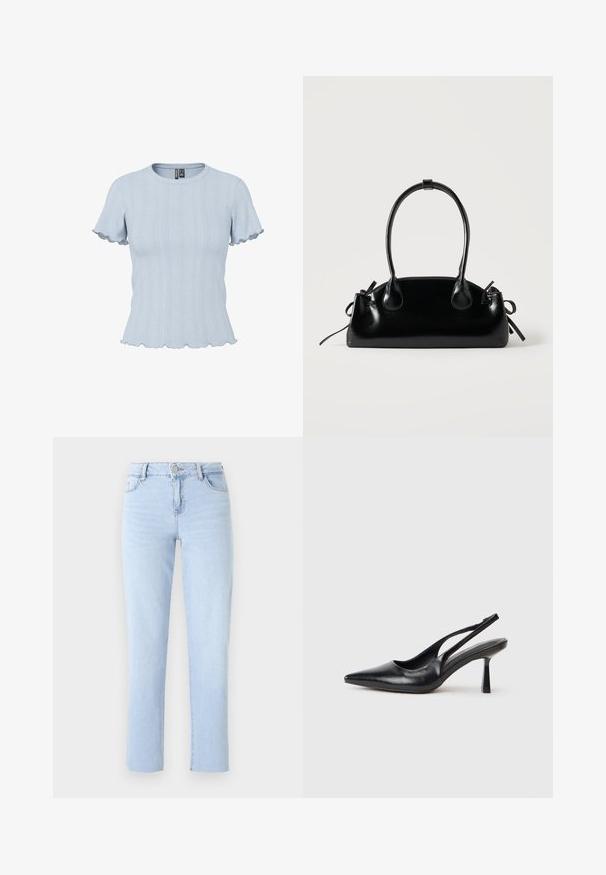 Lyseblå strikbluse med korte ærmer, ribstrikkede og blonde-lignende mønstre, rund halsudskæring og flæsekant på ærmer og bund.; Lyseblå lige ben jeans lavet af denim, med en standard talje, fem lommer og subtile sømdetaljer.; Sort læderslagback højhælet sko med spids tå og slank hæl på en hvid baggrund.; Lille sort blank håndtaske med to lange håndtag og snøre-detaljer i siden på en ensfarvet lys baggrund.