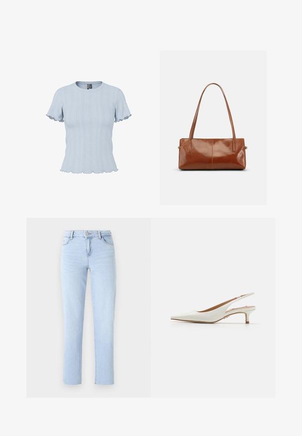 Lyseblå strikbluse med korte ærmer, ribstrikkede og blonde-lignende mønstre, rund halsudskæring og flæsekant på ærmer og bund.; Lyseblå lige ben jeans lavet af denim, med en standard talje, fem lommer og subtile sømdetaljer.; Steve Madden KARI - Pumps - white; Rektangulær brun læderhåndtaske med to lange skulderremme, glat blank finish og minimalistisk design på en ensfarvet baggrund.