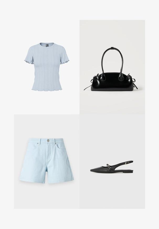 Lyseblå strikbluse med korte ærmer, ribstrikkede og blonde-lignende mønstre, rund halsudskæring og flæsekant på ærmer og bund.; Lysblå stribede shorts med høj talje, frontlommer og metalknaplukning. Stofferne har en blød tekstur og en skræddersyet pasform.; Sorte læder slingback-sko med spids tå, med en smal rem og en sølvspænde-detalje på siden. Flad sål.; Lille sort blank håndtaske med to lange håndtag og snøre-detaljer i siden på en ensfarvet lys baggrund.