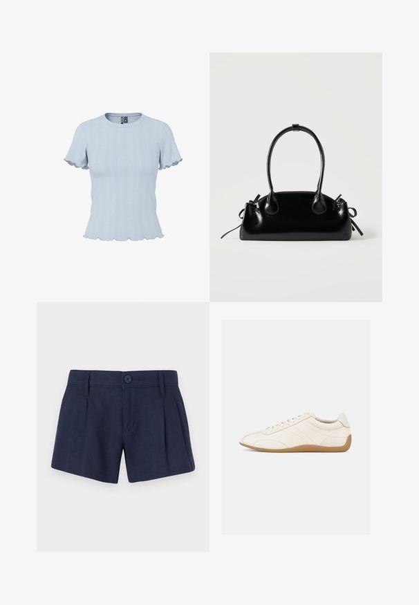 Lichtblauw gebreid topje met korte mouwen, geribde en kantachtige patronen, ronde hals en geplooide randen aan mouwen en zoom.; Navyblauwe linnen shorts met een gladde textuur, voorzien van voorplooien, een enkele knoopsluiting en standaard riemlussen.; Witte leren sneaker met een gladde textuur, ronde neus en tonale stiksels. Voorzien van een tankleurige rubberen zool en vetersluiting.; Kleine zwarte glanzende handtas met twee lange hengsels en zijkant trekkoord details op een effen lichte achtergrond.