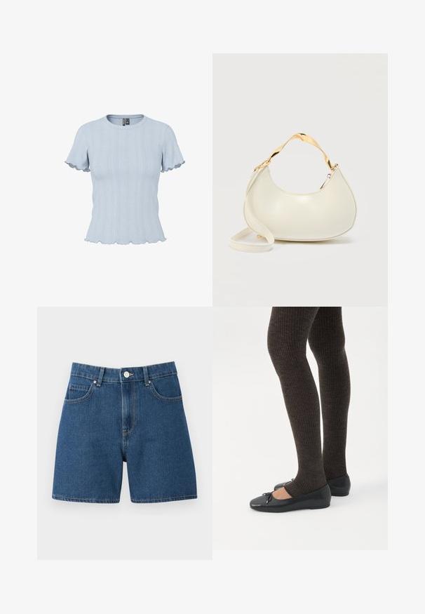 Lyseblå strikbluse med korte ærmer, ribstrikkede og blonde-lignende mønstre, rund halsudskæring og flæsekant på ærmer og bund.; Mørkeblå denimshorts med en klassisk fem-lomme design, knaplukning og lige skæring med minimale syninger.; Ben iført mørke ribbede leggings kombineret med sorte balletsko med små sløjfedetaljer på hvid baggrund.; Kremfarvet håndtaske i halvmåneform med skinnende guld kort hank og matchende lang rem på en ensfarvet lys baggrund.