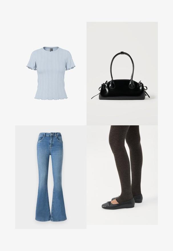 Lichtblauw gebreid topje met korte mouwen, geribde en kantachtige patronen, ronde hals en geplooide randen aan mouwen en zoom.; Uitgebrede spijkerbroek van blauwe denim, met een hoge taille, rits- en knoopsluiting, en een vervaagd ontwerp met subtiele whisker-details.; Benen met donkere geribbelde leggings gecombineerd met zwarte ballerina's met kleine strikdetails op een witte achtergrond.; Kleine zwarte glanzende handtas met twee lange hengsels en zijkant trekkoord details op een effen lichte achtergrond.