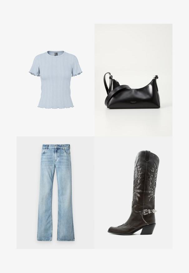 Lyseblå strikbluse med korte ærmer, ribstrikkede og blonde-lignende mønstre, rund halsudskæring og flæsekant på ærmer og bund.; Lyseblå flagrende jeans lavet af denim, med fem lommer, knaplukning og let blødgøring for en slidt effekt.; Sort læder cowboystøvle med dekorative udskæringer, sølvspænde og skrå hæl, vist på hvid baggrund.; Sort læderhåndtaske med en glat tekstur. Har en justerbar stropp og et enkelt, minimalistisk design med lynlås.