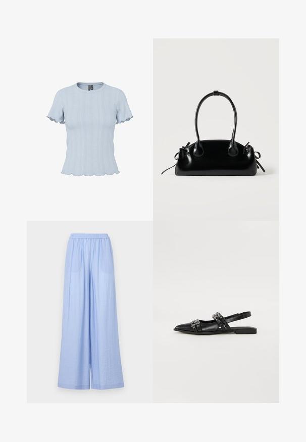 Haut en maille bleu clair à manches courtes avec motifs côtelés et effet dentelle, encolure ronde et bords volantés aux manches et à l'ourlet.; Pantalons larges bleu clair en tissu texturé, avec une taille élastique et deux poches latérales.; Even&Odd by Zalando Ballerines à brides arrière - black; Petit sac à main noir brillant avec deux longues anses et des détails à cordon sur les côtés sur un fond clair uni.