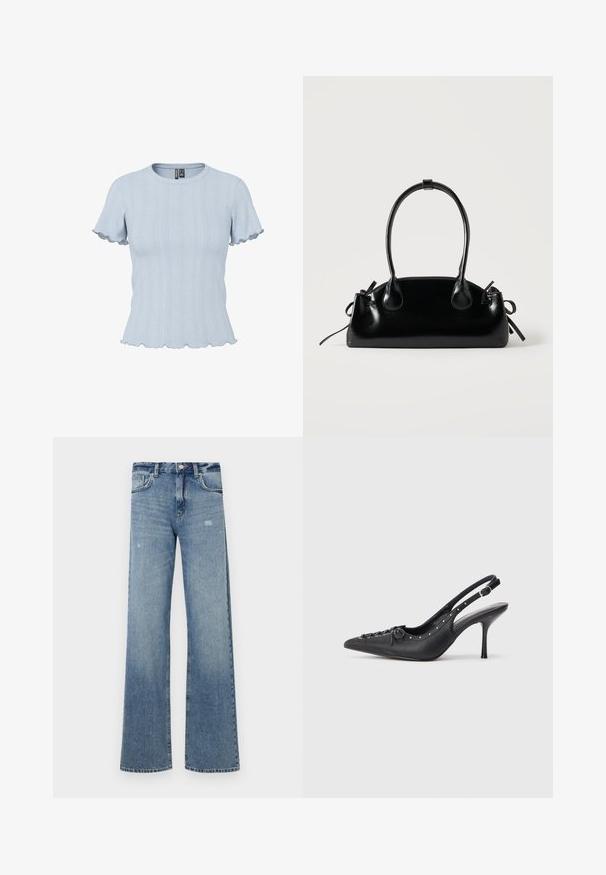 Top de punto azul claro de manga corta con patrones acanalados y tipo encaje, escote redondo y bordes con volantes en las mangas y el dobladillo.; Jeans de mezclilla azul claro con cintura alta, diseño de pierna ancha, ligera desgastación y estructura tradicional de cinco bolsillos.; Sandal de tacón stiletto negro de cuero con punta afilada, correa lateral con hebilla, tachuelas a lo largo del borde y cordones decorativos en la parte delantera.; Pequeño bolso negro brillante con dos asas largas y detalles de cordón lateral sobre un fondo claro liso.