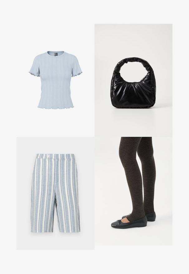 Top de punto azul claro de manga corta con patrones acanalados y tipo encaje, escote redondo y bordes con volantes en las mangas y el dobladillo.; Pantalones cortos de lino con rayas verticales en azul y blanco, cinturilla regular con cierre de botón y dos bolsillos laterales.; Piernas con leggings oscuros acanalados combinados con bailarinas negras que presentan pequeños detalles de lazo sobre un fondo blanco.; Bolso negro acolchado con un asa redondeada, que presenta una superficie lisa y brillante y una textura suave y acolchada. Sin herrajes ni acentos visibles.