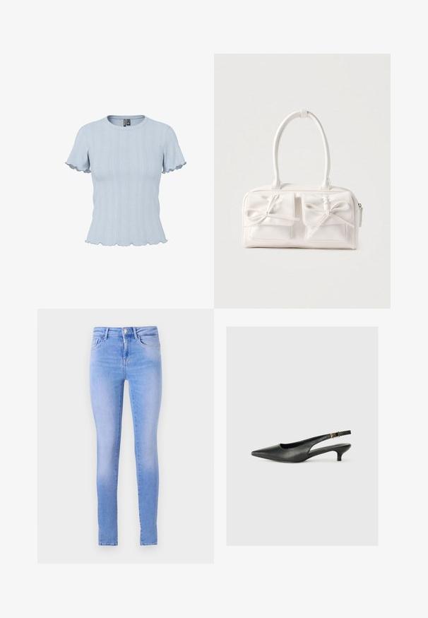 Top de punto azul claro de manga corta con patrones acanalados y tipo encaje, escote redondo y bordes con volantes en las mangas y el dobladillo.; Jeans skinny azul claro con un lavado descolorido, que cuentan con un diseño de cinco bolsillos, cierre de botón al frente y un dobladillo limpio.; Zapato de tacón slingback negro de punta afilada, hecho de cuero suave. Presenta un tacón delgado y un detalle de hebilla en la correa ajustable.; Bolso sintético blanco con dos bolsillos delanteros, cada uno con un detalle de lazo atado. Textura suave, asas redondeadas y cierre de cremallera.