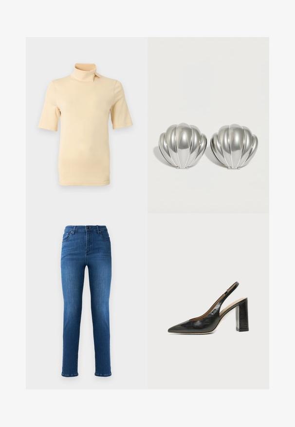 Beige kortærmet top med høj krave med knaplukning på den ene side, vist på en neutral grå baggrund.; Blå denim jeans med lige ben, med en knap- og lynlåslukning, frontlommer og subtil falming på lårene.; Sort læder peep-toe slingback sko med høj blokhæl og beige indvendig foring mod en ensfarvet lys baggrund.; To sølvfarvede kompakte spejle formet som muslingeskaller med ribbede detaljer, placeret side om side på en hvid baggrund.