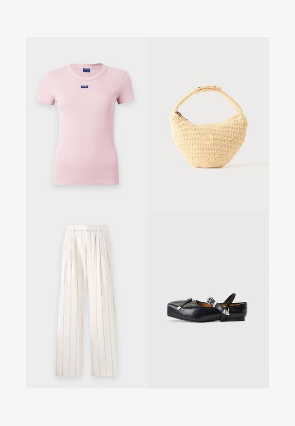 Camiseta rosa claro acanalada con cuello redondo, mangas cortas y un pequeño logo azul "HUGO" centrado en el pecho. Textura de tela suave.; Pantalones de pierna ancha plisados en tejido blanco roto con delgadas rayas verticales grises. Presentan una cinturilla ajustada y un corte relajado a lo largo de las piernas.; Zapato plano de cuero negro con puntera cuadrada, dos correas con hebillas plateadas y tacón bajo sobre un fondo gris claro.; Bolso tejido beige con cuerpo redondeado, cierre de cremallera y una correa corta y gruesa en un estilo de crochet simple y texturizado.