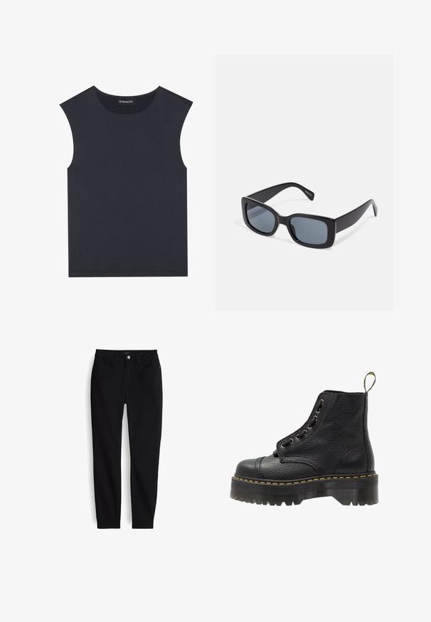 Ärmelloses Oberteil in dunklem Marineblau. Hergestellt aus weichem, glattem Stoff mit einem runden Ausschnitt und geradem Saum. Keine sichtbaren Muster oder Beschläge.; Schwarze Slim-Fit-Jeans mit Knopf- und Reißverschluss vorne, fünf Taschen und Gürtelschlaufen, flach auf weißem Hintergrund ausgebreitet.; Schwarze Leder-Ankle-Boots mit strukturierten Oberflächen, runder Zehenpartie, Schnürdesign, gelben Nähten und einer dicken, gerippten schwarzen Plateausohle.; Schwarze rechteckige Sonnenbrille mit dunkel getönten Gläsern, dickem Kunstrahmen und breiten Bügeln. Glatte Oberfläche und kantiges Design.