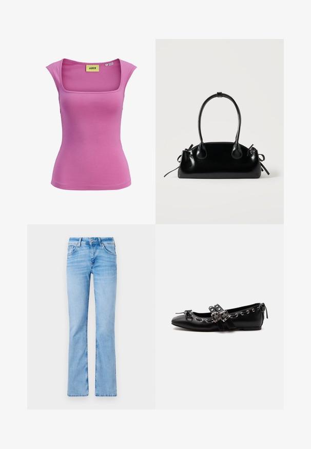 Haut rose sans manches pour femme avec un décolleté carré et une coupe ajustée, taille petite, étiquette JJXX.; Jeans en denim bleu clair évasés avec cinq poches, une fermeture à bouton et des passants de ceinture, présentant des zones décolorées et une texture lisse.; Chaussure de ballet plate noire avec doubles brides à boucle, œillets argentés et petit nœud près de l’orteil arrondi sur fond blanc.; Petit sac à main noir brillant avec deux longues anses et des détails à cordon sur les côtés sur un fond clair uni.