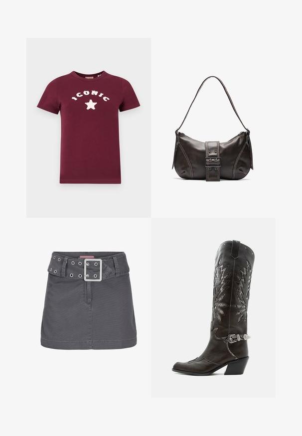 Maroonfarbendes Baumwoll-T-Shirt mit weißem Aufdruck, der "ICONIC" sagt, sowie einem Sternen-Design auf der Vorderseite. Kurze Ärmel und Rundhalsausschnitt.; Grauer Baumwoll-Minirock mit breitem Gürtel, der mit silbernen Ösen und einer quadratischen metallischen Schnalle versehen ist, gestaltet in einer klaren, geraden Silhouette.; Schwarzer Leder-Cowboystiefel mit dekorativen Ausschnitten, silberner Schnalle und schräger Ferse, auf weißem Hintergrund dargestellt.; Braune Lederumhängetasche mit gebogener Form, die mit einem auffälligen Schnallendetail, kontrastierenden Nähten und einem einzigen Schulterriemen ausgestattet ist.