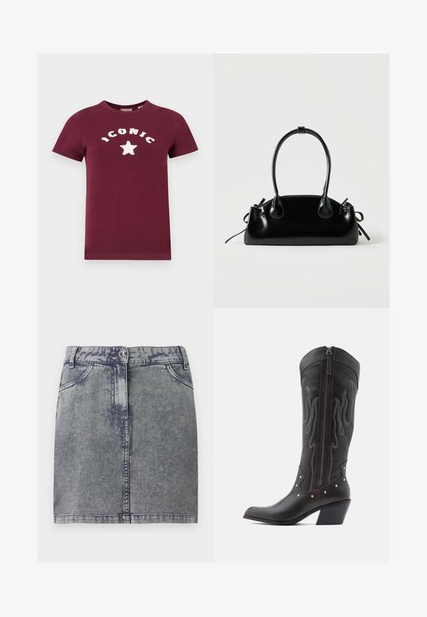 T-shirt en coton bordeaux avec un texte blanc disant "ICONIC" et un design d'étoile à l'avant. Manches courtes et col rond.; Jupe en denim grise à délavage fondu, avec poches avant, fermeture par bouton et ourlet droit. Tissu texturé.; Bottes de cowboy en cuir marron avec surpiqûres en forme de flammes, fermeture éclair latérale, clous argentés, bout pointu et talon superposé.; Petit sac à main noir brillant avec deux longues anses et des détails à cordon sur les côtés sur un fond clair uni.