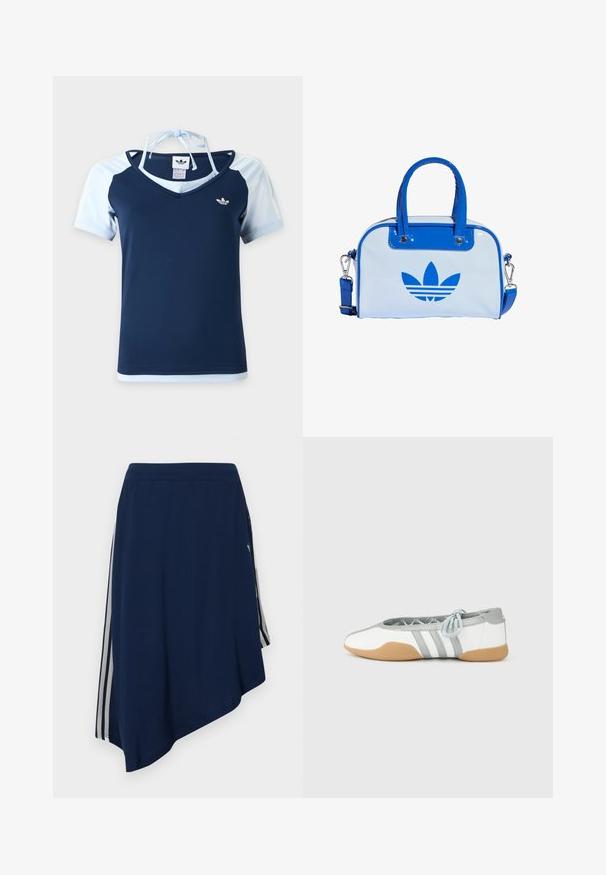 Κοντομάνικη μπλούζα Adidas σε ναυτικό και ανοιχτό μπλε με V-λαιμόκοψη, λογότυπο στο στήθος και τιράντα halter δεμένη στο πίσω μέρος του λαιμού.; Μπλε ναυτικό ασύμμετρη φούστα με λευκές κάθετες ρίγες στις πλευρές και υφασμάτινο σχέδιο υφής.; Λευκές και γκρι μπαλαρίνες με στρογγυλερή μύτη και ελαστική κορδέλα, με τρεις γκρι ρίγες, και μπεζ λαστιχένια σόλα.; Μπλε και λευκή τσάντα χειρός με γυαλιστερό φινίρισμα, που διαθέτει δύο μπλε χερούλια, αποσπώμενο ιμάντα ώμου και ένα εμφανές μπλε λογότυπο στο μπροστινό μέρος.