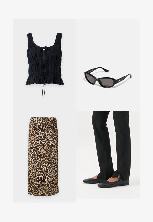 Crop top noir en tissu texturé, avec un design froncé, un lien ajustable à l'avant et des bretelles larges.; Jupe midi en imprimé léopard, texture soyeuse, base beige neutre avec des taches noires et brunes, design drapé avec un détail tordu à la taille.; Jambes vêtues d’un pantalon slim noir avec des fentes à l’avant de l’ourlet, assorties à des chaussures plates Mary Jane noires avec une petite bride à boucle.; Lunettes de soleil noires avec une monture rectangulaire, des verres sombres, un matériau plastique lisse et un accent métallique sur la branche.