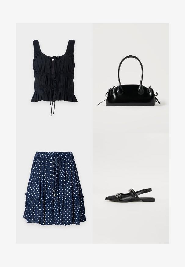 Crop top noir en tissu texturé, avec un design froncé, un lien ajustable à l'avant et des bretelles larges.; Jupe bleu marine à pois blancs, avec un ourlet volants et une taille élastique dotée d'un cordon de serrage pour un ajustement réglable.; Even&Odd by Zalando Ballerines à brides arrière - black; Petit sac à main noir brillant avec deux longues anses et des détails à cordon sur les côtés sur un fond clair uni.