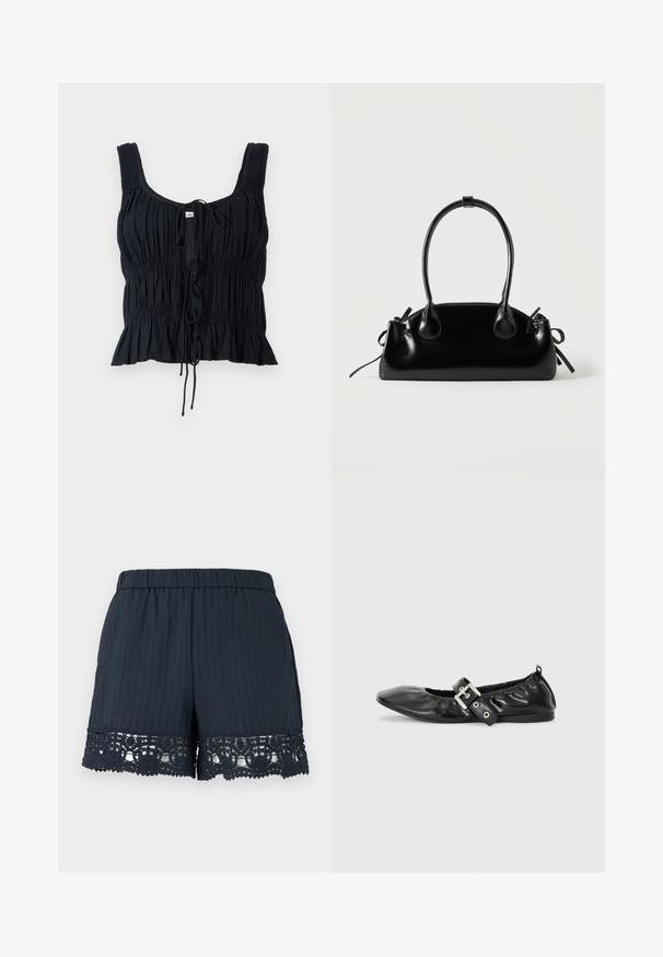 Crop top noir en tissu texturé, avec un design froncé, un lien ajustable à l'avant et des bretelles larges.; Shorts femme bleu marine avec taille élastique et bordure en dentelle florale le long de l'ourlet sur un fond clair uni.; Chaussure plate en cuir noir avec un nez pointu, des détails froncés autour de l'ouverture et un accent en boucle argentée sur la bride ajustable.; Petit sac à main noir brillant avec deux longues anses et des détails à cordon sur les côtés sur un fond clair uni.