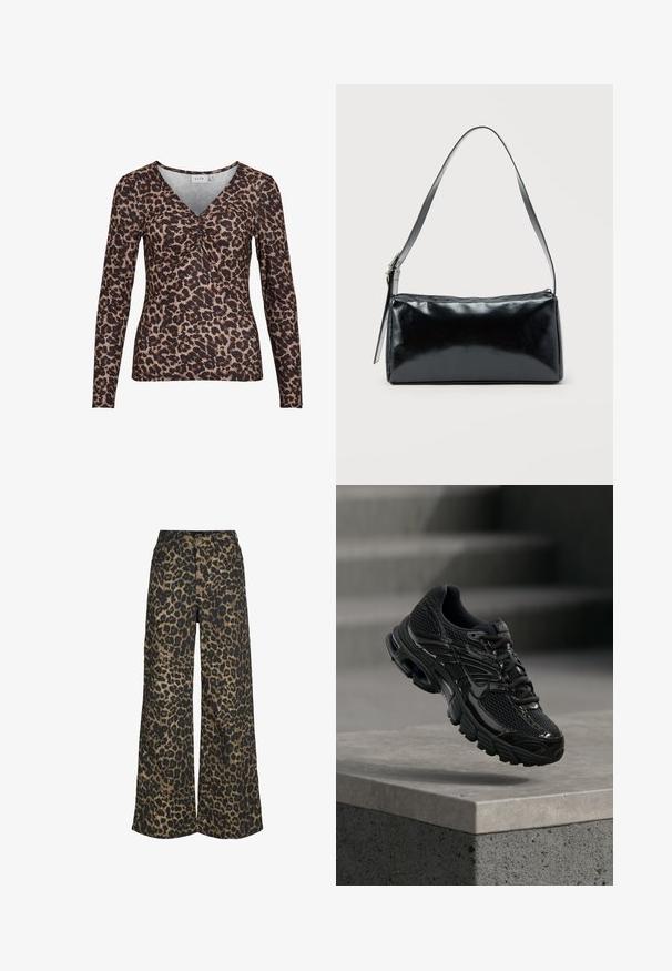 Lange mouw top met luipaardprint en V-hals, voorzien van een gathered detail in het midden en gemaakt van een zachte, rekbare stof.; Broek met wijde pijpen en een all-over bruin-zwarte luipaardprint, met knopen en ritssluiting aan de voorkant.; Zwarte Nike hardloopschoen met mesh en synthetische bovenkant die boven een betonnen oppervlak en trappen op de achtergrond zweeft.; Zwarte rechthoekige schoudertas met een enkele verstelbare band en een bovenste ritssluiting op een effen achtergrond.