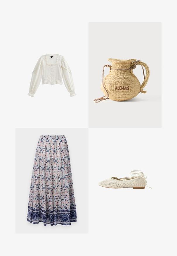 New Look PINTUCK LONG SLEEVE CROP - Blusa - off white; Falda maxi floral con fondo gris, que presenta flores rosas y azules, diseño en capas y un dobladillo con patrón en azul marino. Cintura elástica.; Bailarina de ganchillo color crema con punta afilada y lazos que envuelven el tobillo, con suela baja y plana.; Bolso redondo de paja tejido con asa de cuerda y "ALEMAIS" bordado en un lateral con hilo marrón.