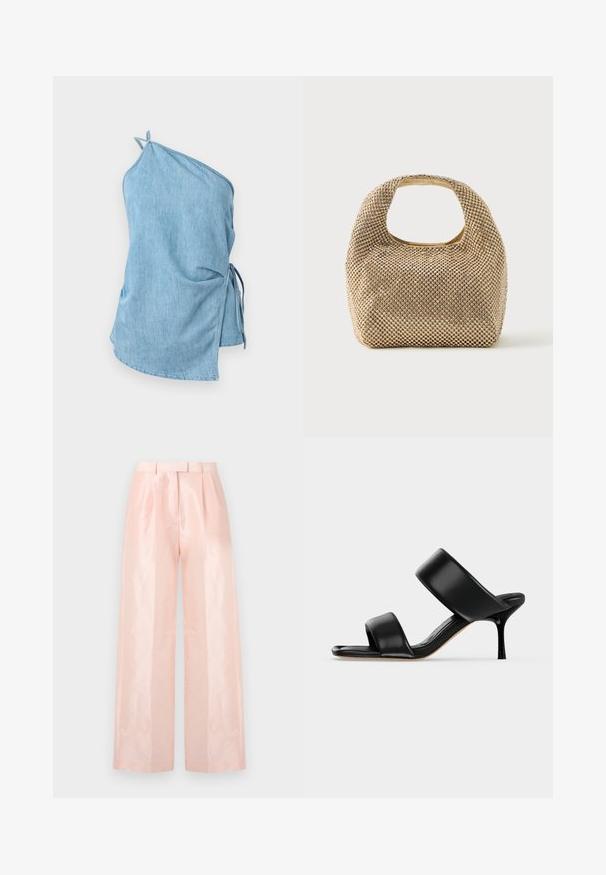 Haut en denim bleu clair avec un design asymétrique. Présente un côté froncé avec des liens et une seule bretelle pour un maintien sécurisé.; Pantalons à taille haute ample de couleur rose clair, présentant une texture lisse et brillante, des plis à l'avant et une ceinture assortie.; Sandale mule en cuir noir avec deux larges brides et un talon stiletto fin de hauteur moyenne sur un fond clair uni.; Petit sac à main doré recouvert de clous ronds brillants avec une poignée courte et une découpe rectangulaire en haut.
