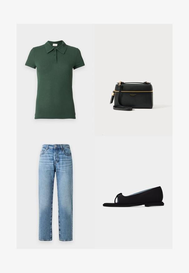 Polo de color verde oscuro con textura acanalada, cuello, mangas cortas y una tapeta con tres botones. Material suave y ligero con un acabado texturizado.; Jeans de mezclilla azul claro con un diseño de pierna recta, costuras visibles, cierre de botón y estilo de cinco bolsillos.; Zapato plano negro con punta abierta y detalle de lazo, acabado liso, suela baja y forro interior azul claro, mostrado en perfil lateral.; Bolso cruzado de cuero negro texturizado con cremallera dorada, asa superior y correa de hombro desmontable, que presenta un pequeño logo dorado en la parte frontal.