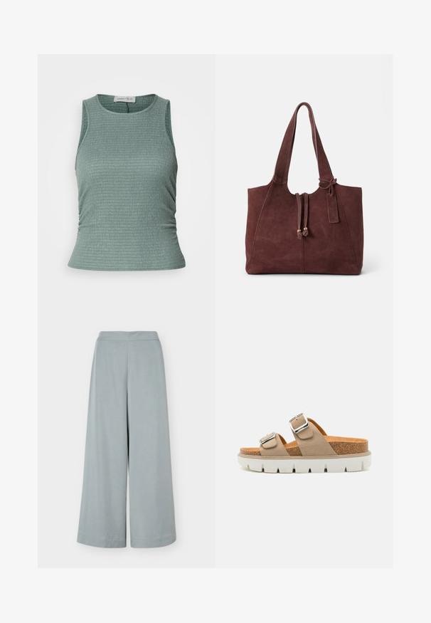 Haut sans manches vert clair avec un design côtelé texturé et une coupe ajustée. Il présente un col rond et un léger froncé sur les côtés.; Pantalon large bleu clair à taille haute et lignes épurées, montré à plat sur fond blanc.; Sandales à glissière beige avec deux brides réglables, semelle intermédiaire en liège et semelle extérieure en caoutchouc blanc avec un motif texturé.; Sac tote en daim de couleur bourgogne profond avec deux longues poignées, fermeture à cordon et une petite étiquette attachée, présentant une texture lisse.