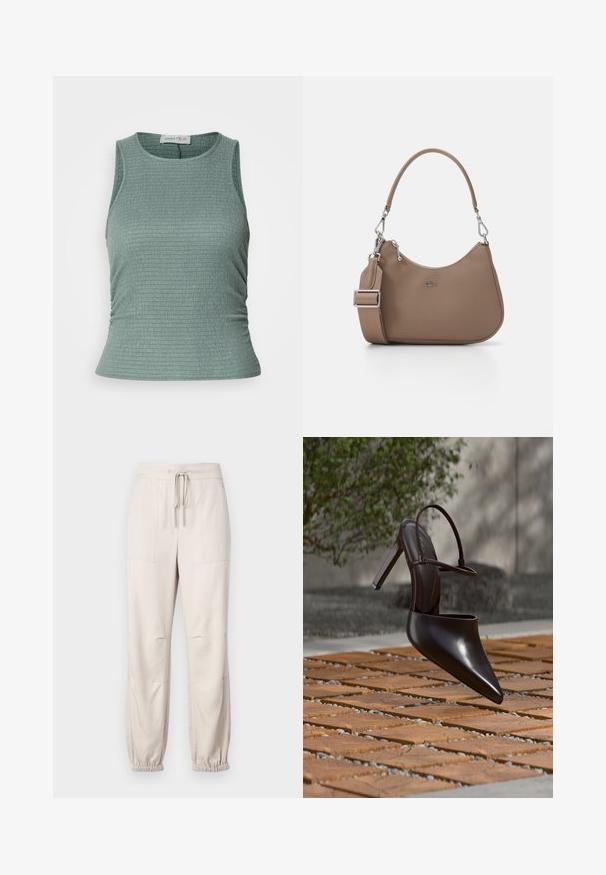 Lys grøn ærmeløs top med et tekstureret ribmønster og en tætsiddende form. Har en rund halsudskæring og diskret samling på siderne.; Beige, lette bukser med elastisk talje, snøre detaljer og elastiske mansjetter. Har to frontlommer og en glat tekstur.; Blank højhælet mule med spids tå og ankelrem, svævende over en terracottaflisebelagt overflade med grusfyldte mellemrum.; Brun syntetisk håndtaske med et buet design, der har et kort håndtag og en aftagelig skulderrem. Sølv hardware og logo detaljer.