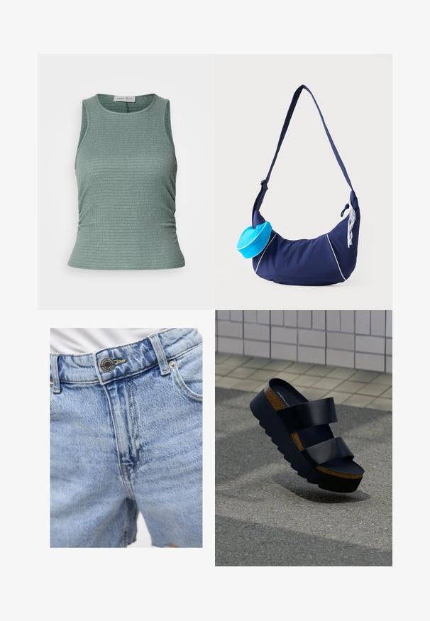 Lys grøn ærmeløs top med et tekstureret ribmønster og en tætsiddende form. Har en rund halsudskæring og diskret samling på siderne.; Lyseblå denim shorts med høj talje, synlig syning, to forlommer og metalknaplukning. Glat tekstur.; Sort platform-sandal med tyk korksål og to brede remme, placeret på struktureret fortov nær flisebelagt væg.; Navyblå skuldertaske med lang rem, hvide pipingdetaljer, en lille lyseblå pung fastgjort og hvid blonderdekoration på siden.