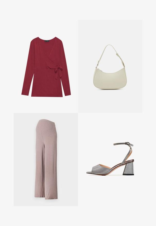 Top de manga larga, en estilo envolvente, de color rojo oscuro. Presenta un escote en V y un detalle de lazo en el costado. Textura suave y silueta ajustada.; Pantalones de pierna ancha de color rosa claro, acanalados, con una cinturilla sin costuras, que presentan un tejido suave y texturizado y una silueta relajada.; Sandalias de tacón bloque plateadas con punta abierta, que presentan una parte superior metálica texturizada y una delgada tira en el tobillo asegurada con una hebilla.; Pieces PCALUANA SHOULDER BAG - Bolso de mano - birch