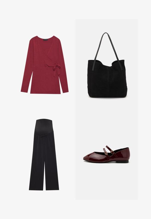 Haut à manches longues, style wrap en tissu rouge profond. Présente un décolleté en V et un détail de noeud sur le côté. Texture douce et silhouette ajustée.; Pantalons de maternité noirs avec une ceinture large et extensible, ornée d'un nœud. Fabriqués en tissu doux, ils présentent une coupe ample et des jambes larges.; Anna Field by Zalando Babies - dark red; Sac fourre-tout en suède noir avec deux longues anses en cuir plates. Présente un bord supérieur incurvé et des coutures visibles sur le devant. Pas d'accents en métal.