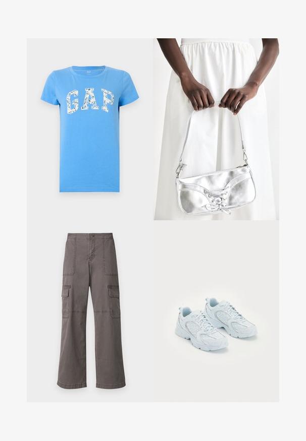 Camiseta azul de manga corta con las letras "GAP" en un patrón floral centradas en el pecho y con cuello redondo.; Pantalones de carga grises de algodón con un diseño de pierna ancha, que cuentan con dos bolsillos delanteros, dos bolsillos laterales y detalles de costura visibles.; Zapatillas deportivas de color azul claro con una parte superior de malla y sintético, que presentan manchas blancas y detalles reflectantes, diseño con cordones y suelas acolchadas.; Bolso metálico plateado con detalle de cordones, que presenta un diseño elegante y una correa corta. El bolso está sostenido con las manos, mostrando su textura.