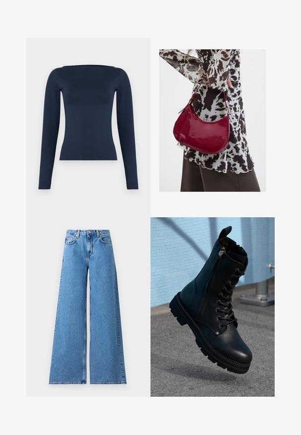Navyblå, langærmet, figursyet damebluse med en bred bådhalsudskæring og en glat, elastisk stoffinish.; Vide ben blå denim jeans med høj talje, som har et klassisk fem-lomme design og syninger langs siderne for ekstra detalje.; Sorte læder ankel støvler med snørebånd, sidelås, tekstureret overflade og en robust sål med fremtrædende slidbaner.; Kvinde iført en sort- og hvidmønstret bluse, der holder en blank rød skuldertaske mod en ensfarvet baggrund.