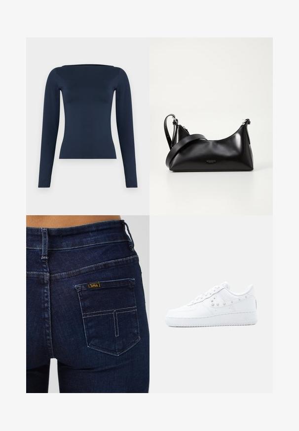 Marineblauw, langärmeliges, figurbetontes Damenoberteil mit weitem Bootsausschnitt und glattem, elastischem Stofffinish.; Donkerblauwe spijkerbroek met een standaard achterzak. Voorzien van gestikte details en een klein geel label met het merk "Lois."; Witte Nike Air Force 1 sneaker met gespikkelde Swoosh-detail en dikke zool, afgebeeld tegen een effen lichtgrijze achtergrond.; Zwarte leren handtas met een gladde textuur. Beschikt over een verstelbare schouderband en een strak, minimalistisch ontwerp met een ritssluiting.