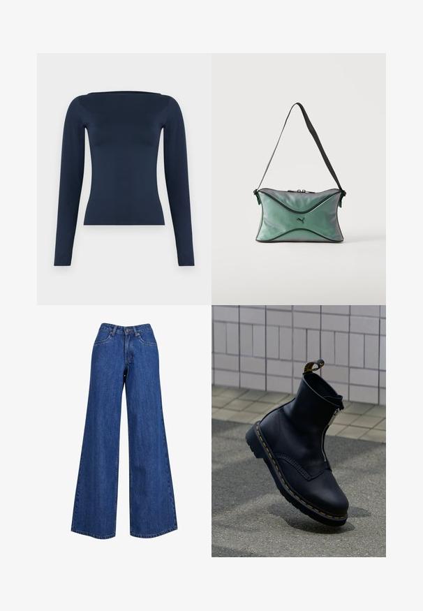 Marineblauw, langärmeliges, figurbetontes Damenoberteil mit weitem Bootsausschnitt und glattem, elastischem Stofffinish.; Brede denim jeans in medium blue, met een hoge taille, contrasterende stiksels en een klassiek vijf-pocket ontwerp.; Zwarte leren enkellaars met een ritssluiting aan de zijkant, een gestructureerd oppervlak, geel stikselaccent en een rubberen zool.; Kleine groene iriserende schoudertas met zwarte rand, zwarte verstelbare band, ritssluiting en Puma-logo middenvoor.