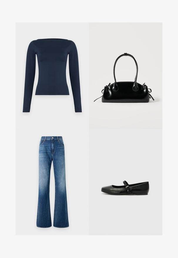 Dunkelblaues, langärmeliges, figurbetontes Damenoberteil mit weitem Bootsausschnitt und glattem, elastischem Stofffinish.; Ausgestellte blaue Jeans aus Denim mit ausgewaschenem Look, fünf Taschen, Gürtelschlaufen und Knopfverschluss vorne. Glatte Textur und klassischer Schnitt.; Schwarze Leder-Ballerinas mit einer runden Spitze, einer flachen Sohle und einem dünnen, verstellbaren Riemen über dem Spann mit einer Metallschnalle.; Kleine schwarze glänzende Handtasche mit zwei langen Griffen und seitlichen Kordelzug-Details vor einfachem hellem Hintergrund.